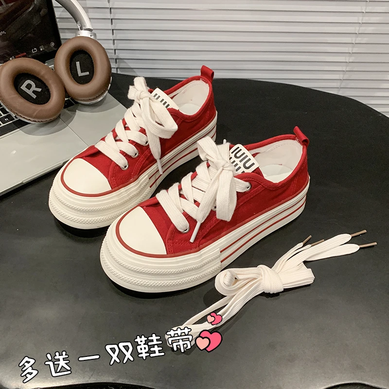 【赠送双鞋带】2025春秋新款学生休闲百搭低帮增高女系带多色帆布鞋