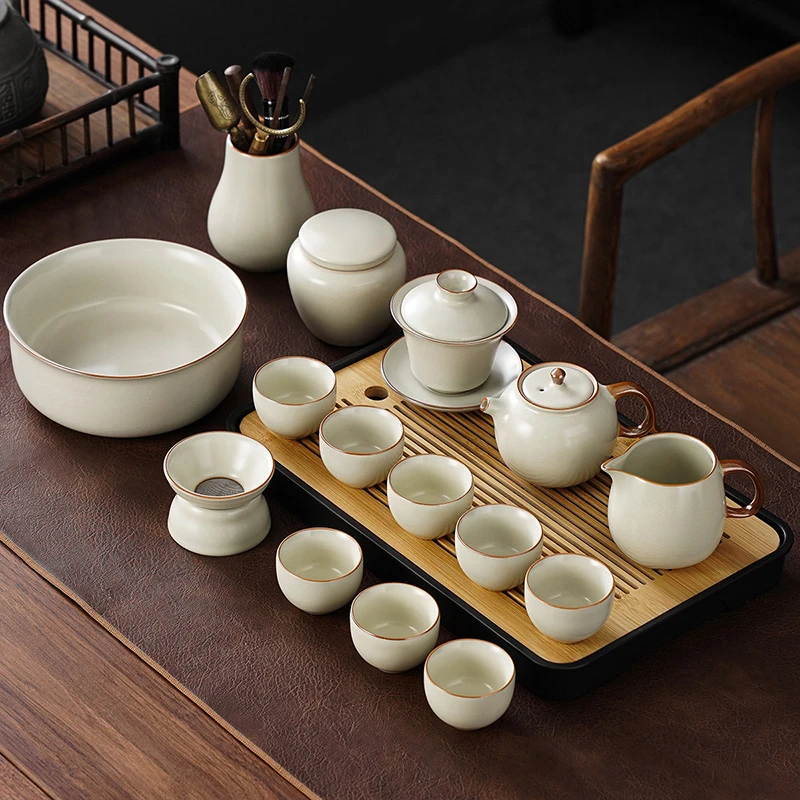 黄汝窑开片可养家用功夫茶具套装高端全套新中式泡茶器具高级茶具