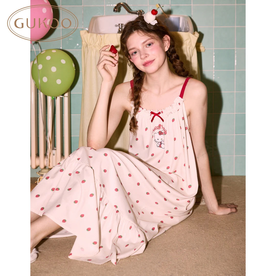 Gukoo/果壳HelloKitty草莓吊带睡裙女睡衣可爱甜美夏季棉质