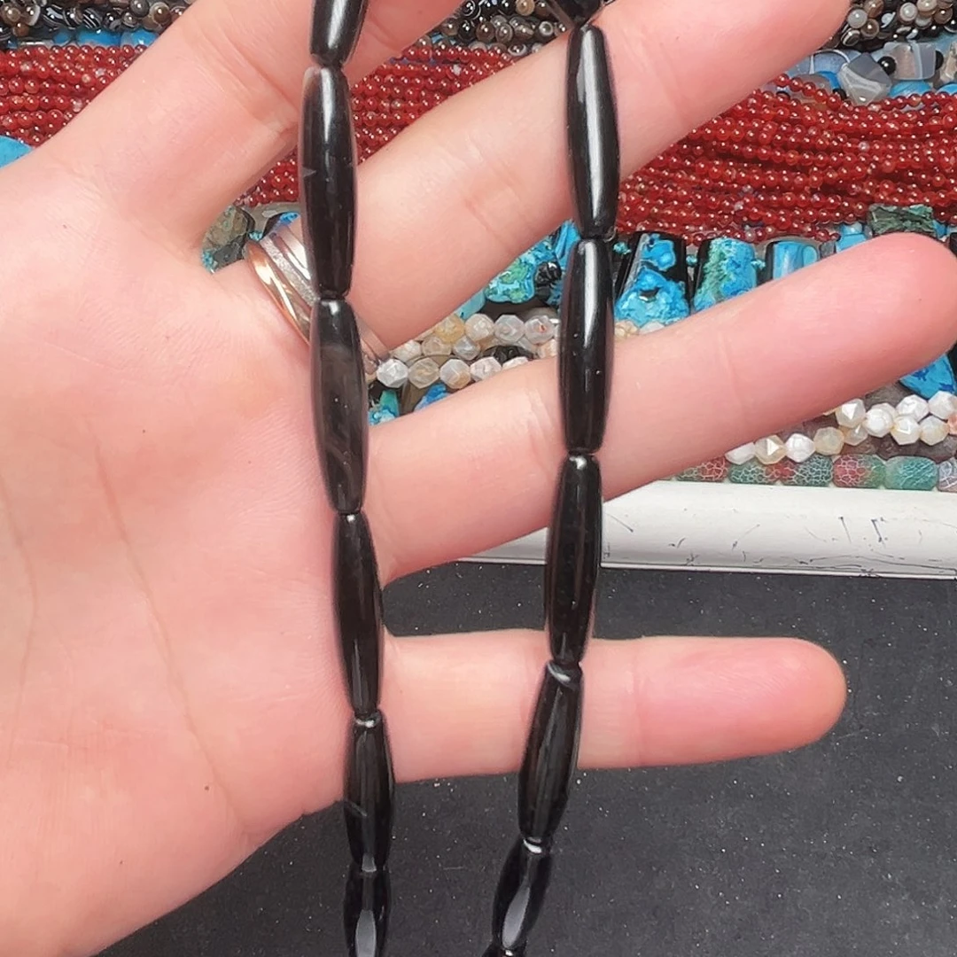 玛瑙/玉髓未镶嵌珠宝半成品C141，黑玛瑙长米珠一条6*24mm