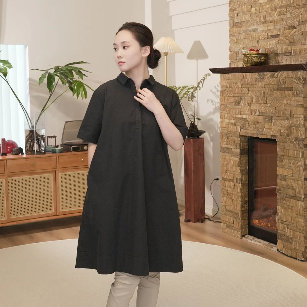 夏季宽松文艺立领中式复古休闲气质中长款中国风衬衫连衣裙裙女款