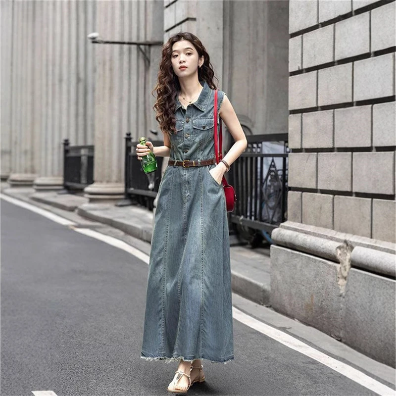 气质小香风翻领牛仔长袖裙子春夏季复古蓝港风显瘦收腰A字连衣裙