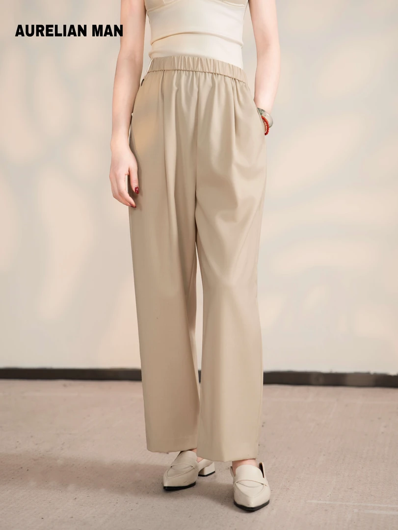 YS【绵羊毛聚脂钎维】2025春夏时尚休闲松紧腰直筒女装百搭裤