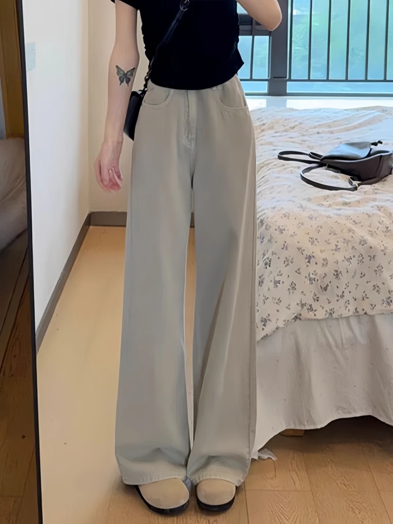 【浮力】6881-灰绿调裤脚开叉莱赛尔中高腰拖地阔腿牛仔裤