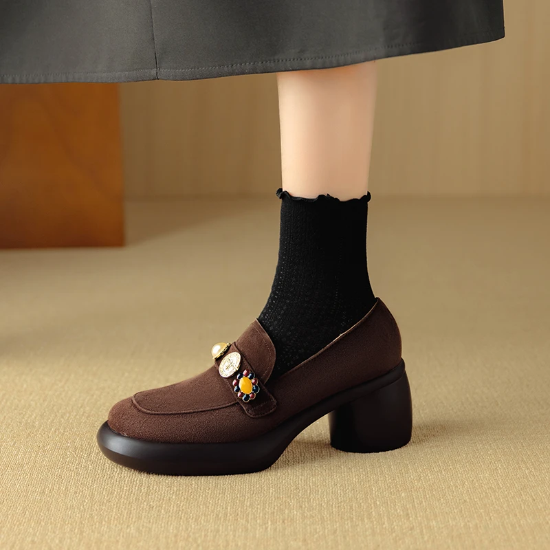 玥小姐增高女鞋7.5厘米厚底粗跟防水台单鞋真皮法式高跟鞋不累脚