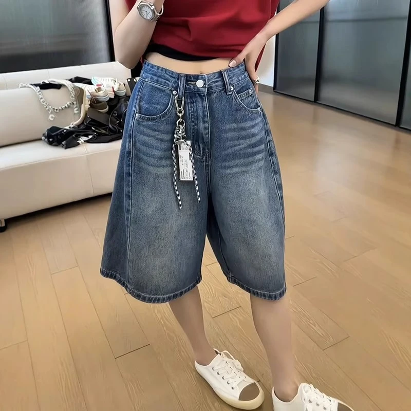 夏季新款大码弹力牛仔五分裤女胖MM高腰显瘦遮胯小个子阔腿短裤子