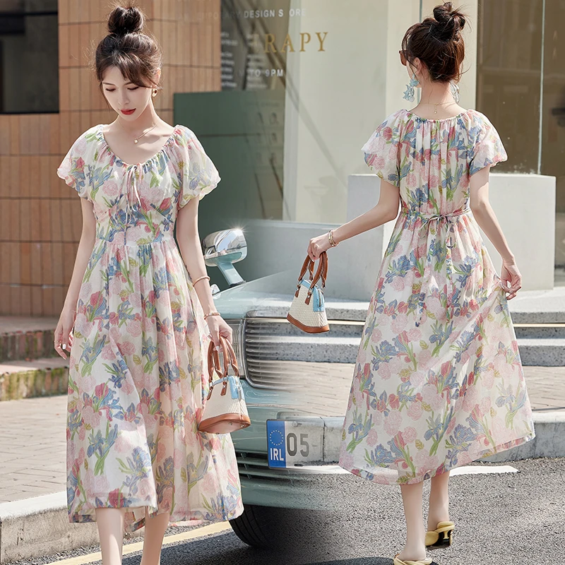 2024年夏季简约时尚潮流气质碎花连衣裙长裙裙子短袖中长款连衣裙