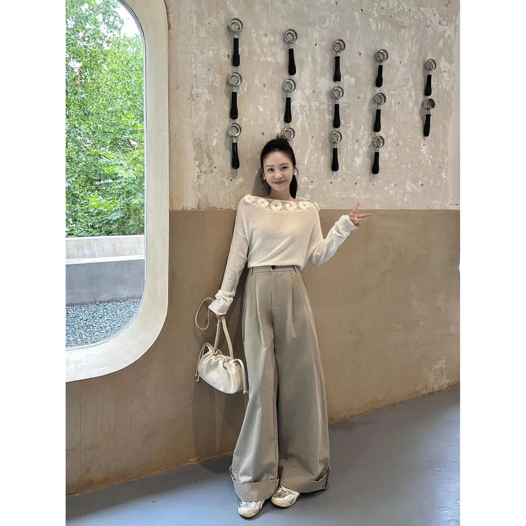 韩系撞色条纹针织衫女秋季2025年新款高级感打底减龄小衫裤子套装