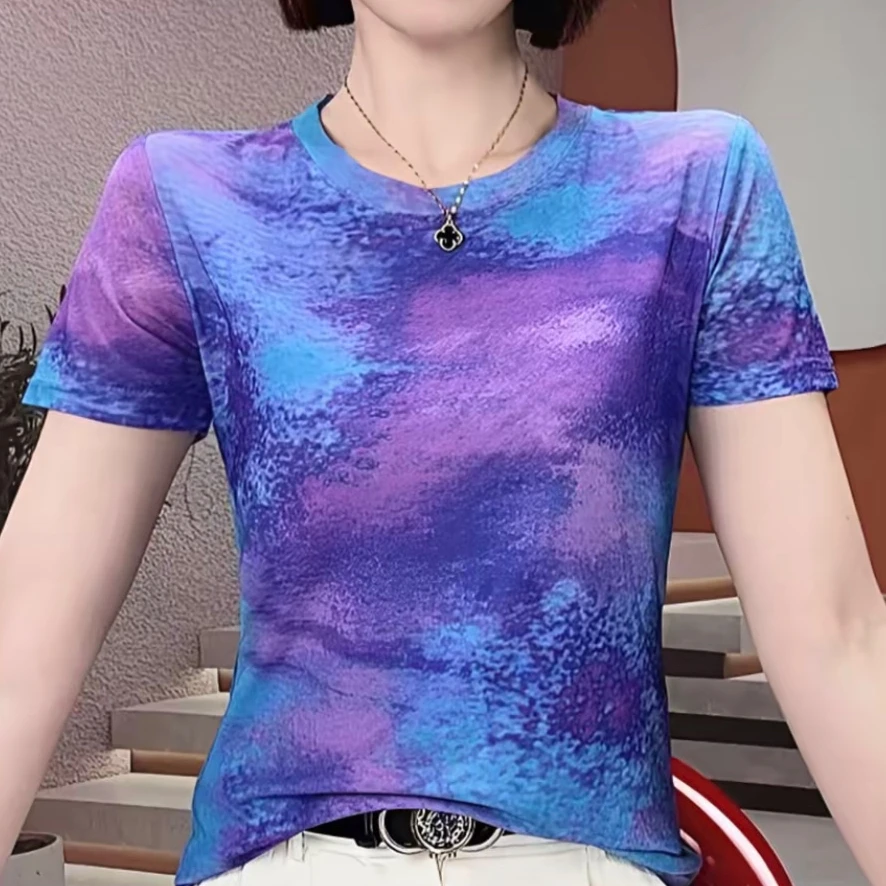 【V领/圆领】网纱印花短袖女装修身打底衫高级感薄款夏款上衣A2129