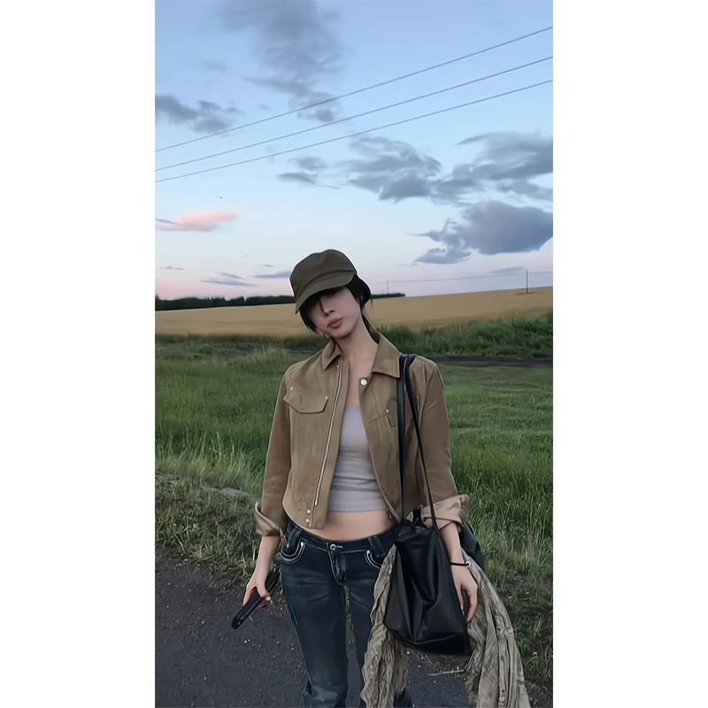 2025新款女士早秋季复古小众设计感短款夹克外套上衣高腰牛仔裤