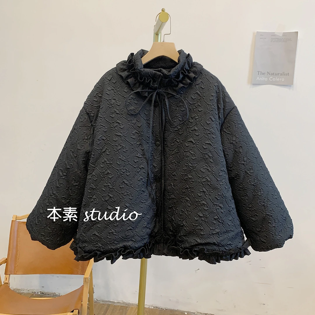 C3160夹棉浮雕纹系带花边立领棉衣