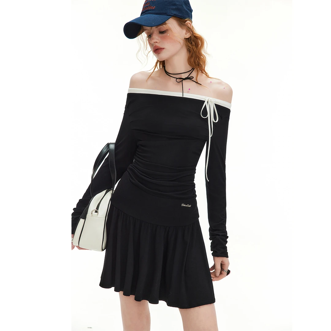 unifree【25年春】黑色一字肩长袖针织连衣裙辣妹收腰包臀裙