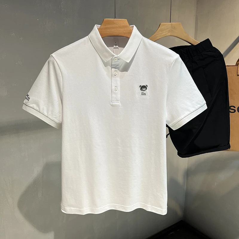 夏季小熊刺绣男士短袖Polo衫痞帅高端翻领冰丝t恤修身男装半袖潮