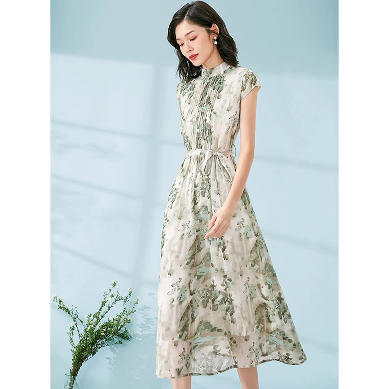 晚白【新品】2025夏裙子印花系带收腰连衣裙25030550