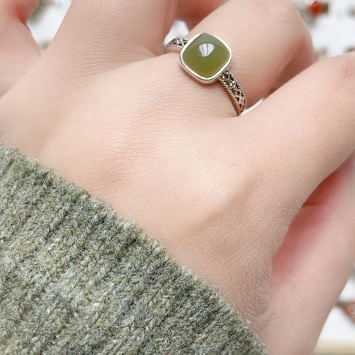 和田玉戒指银S925镶嵌天然