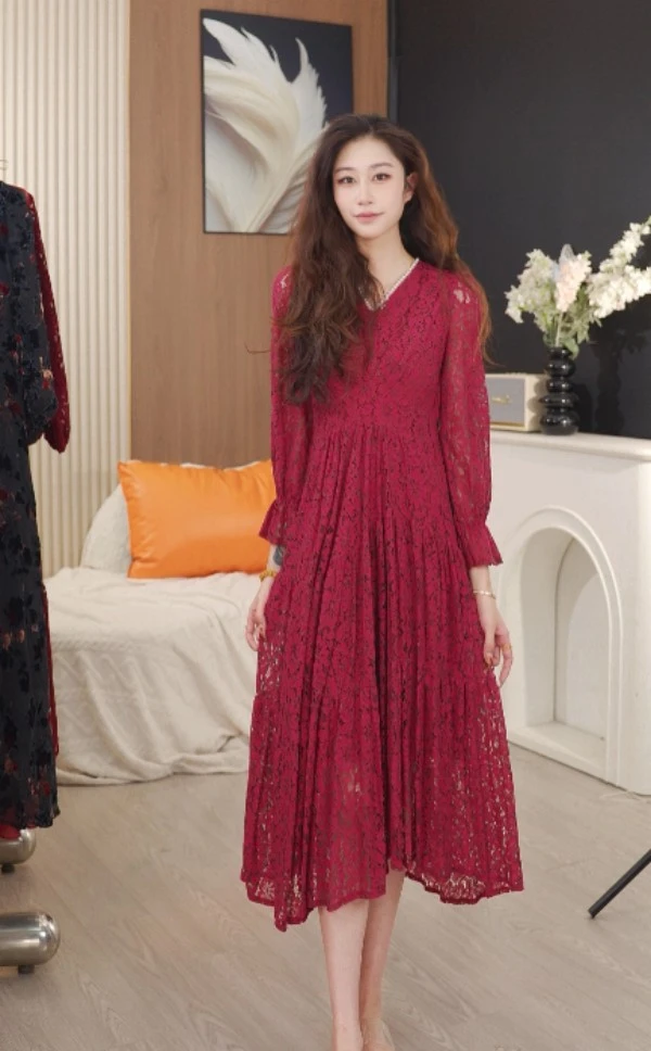 【馥郁玫瑰】 高级感气质春夏收腰显瘦御姐风红色大摆裙连衣裙