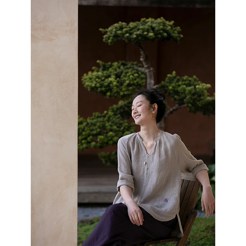 牧衣原创 进口亚麻刺绣衬衫女夏轻薄原生质朴宽松百搭衬衣 如寄