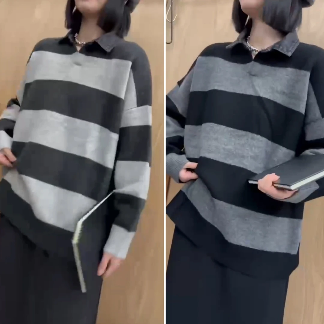 娜样美家 精选韩版5G家拼接牛仔领复古条纹宽松大版套头毛衣