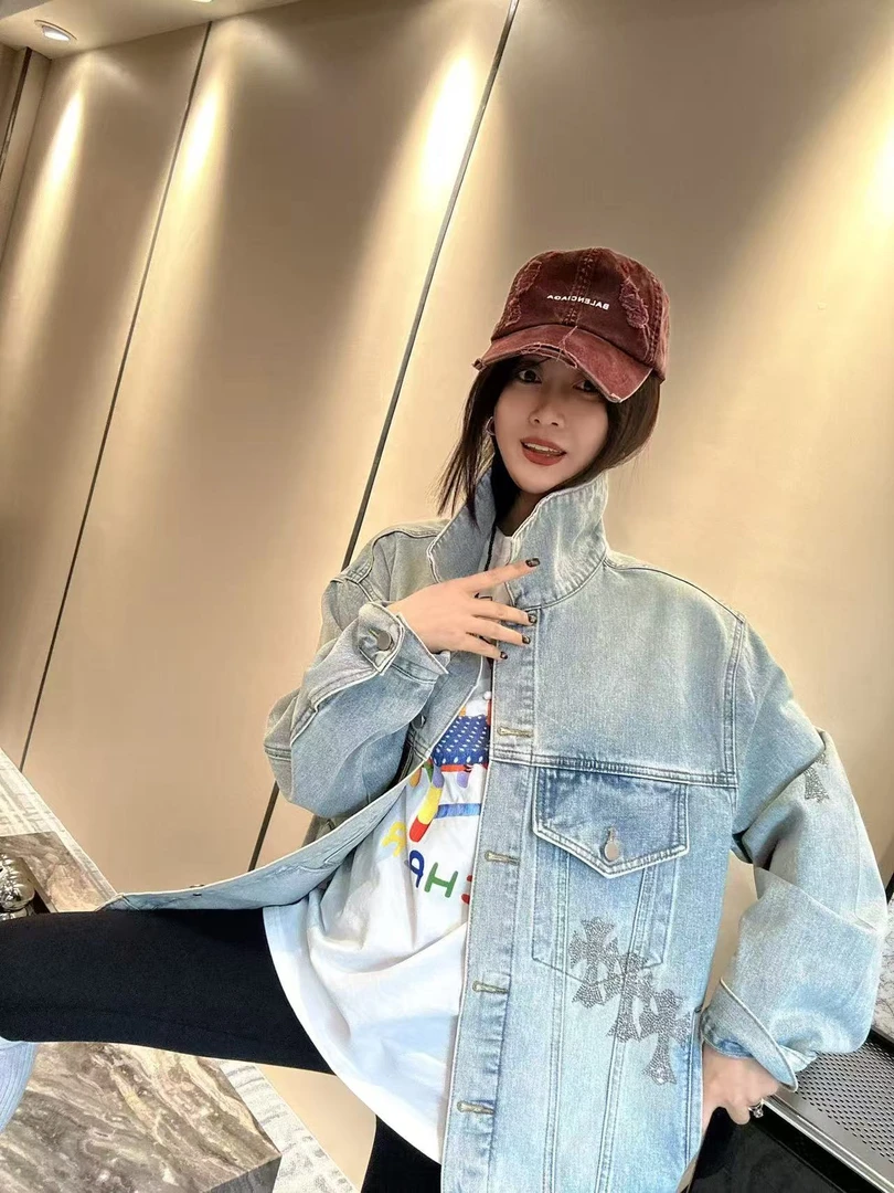 重工牛仔衣外套水洗渐变娃娃领螺纹下摆拼7928外套宽松型女