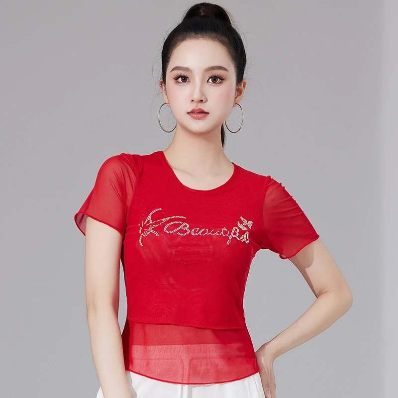MQ夏季新款双层网纱彩钻修身显瘦跳舞上衣女