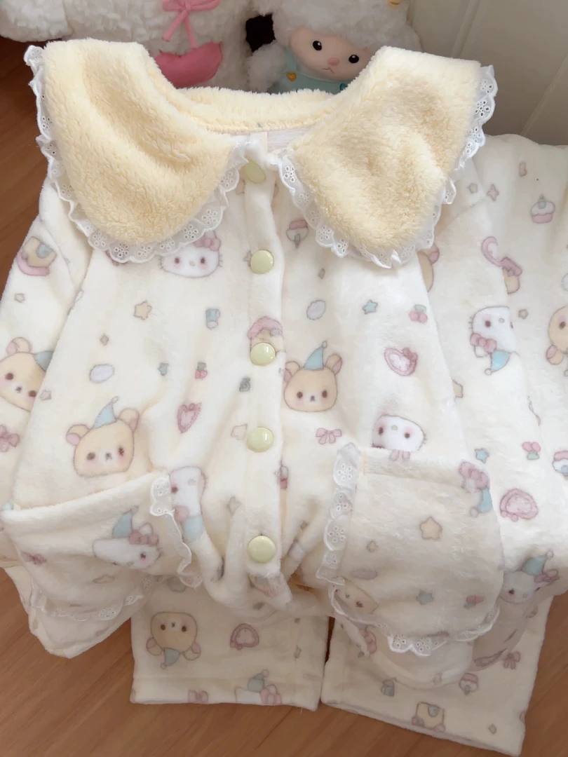 少女甜美可爱卡通小熊睡衣女秋冬新款加绒加厚保暖长袖长裤家居服