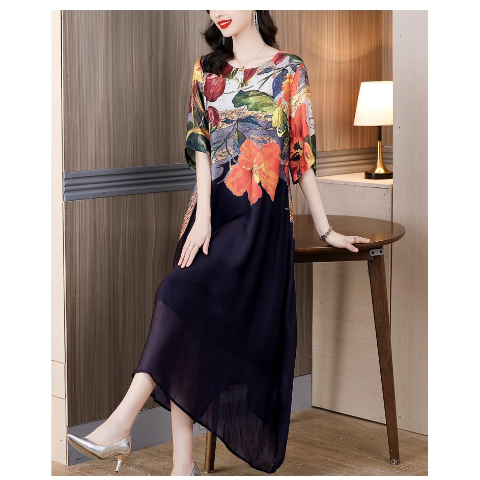 女装印花连衣裙女夏季新款贵夫人妈妈高端洋气质大码女装长裙子