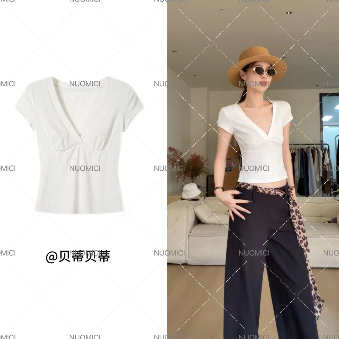 韩系性感纯欲风正肩高级深V领褶皱白色短袖T女夏修身显瘦百搭气质