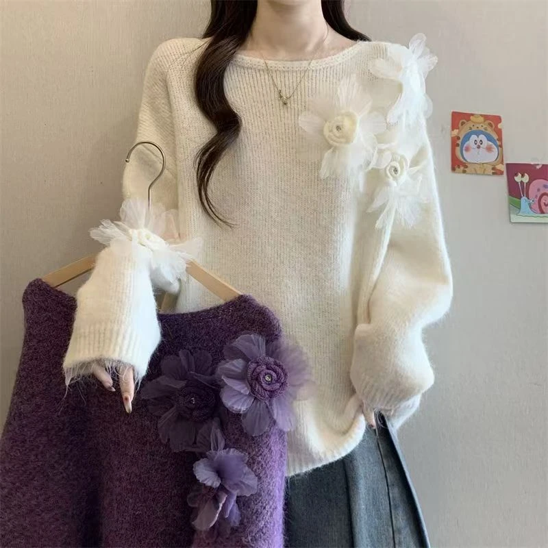 法式气质慵懒风立体花朵装饰毛衣女2025秋冬设计感漂亮软糯针织衫