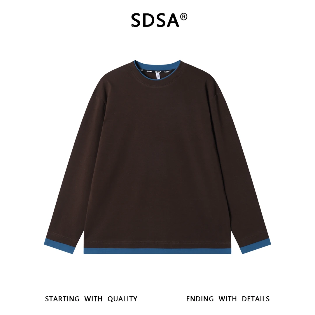 SDSA男士秋冬新款痞帅男装简约撞色假两件圆领长袖T恤百搭时尚潮