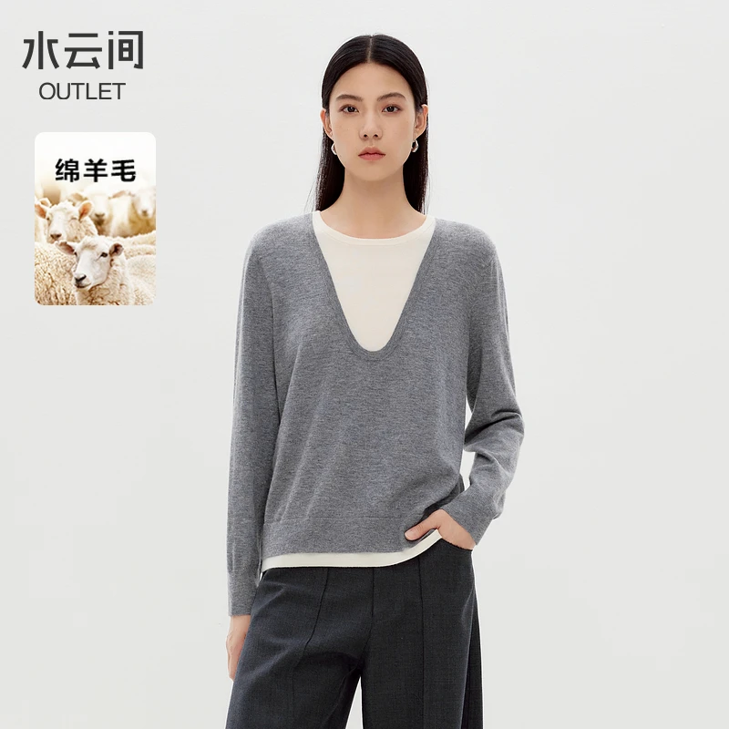 【毛衣】水云间假两件羊毛针织衫上衣女撞色边长袖12440356