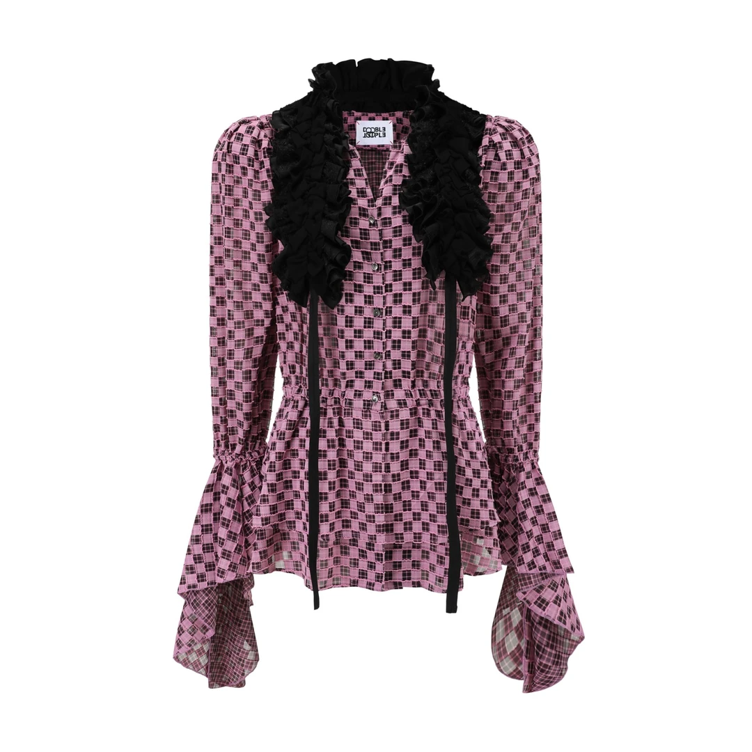 【顾文婷推荐】YOUWEI有尾25 盘花领泡泡袖格纹衬衫 DT1625204