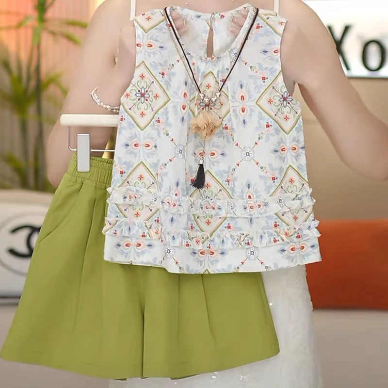 女童夏季套装2025新款儿童夏装洋气无袖碎花娃娃衫短裤休闲两件套