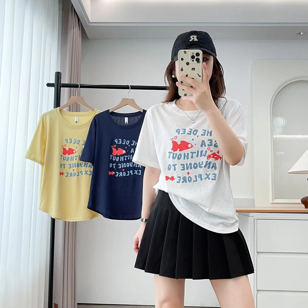 YueBeiLa/月贝拉大码夏季圆领字母印花减龄短袖T恤宽松百搭半袖女
