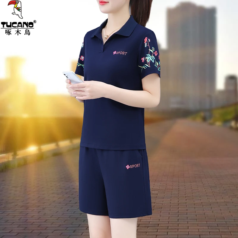 啄木鸟冰丝短裤运动套装女新款夏季时尚洋气翻领休闲女士两件套