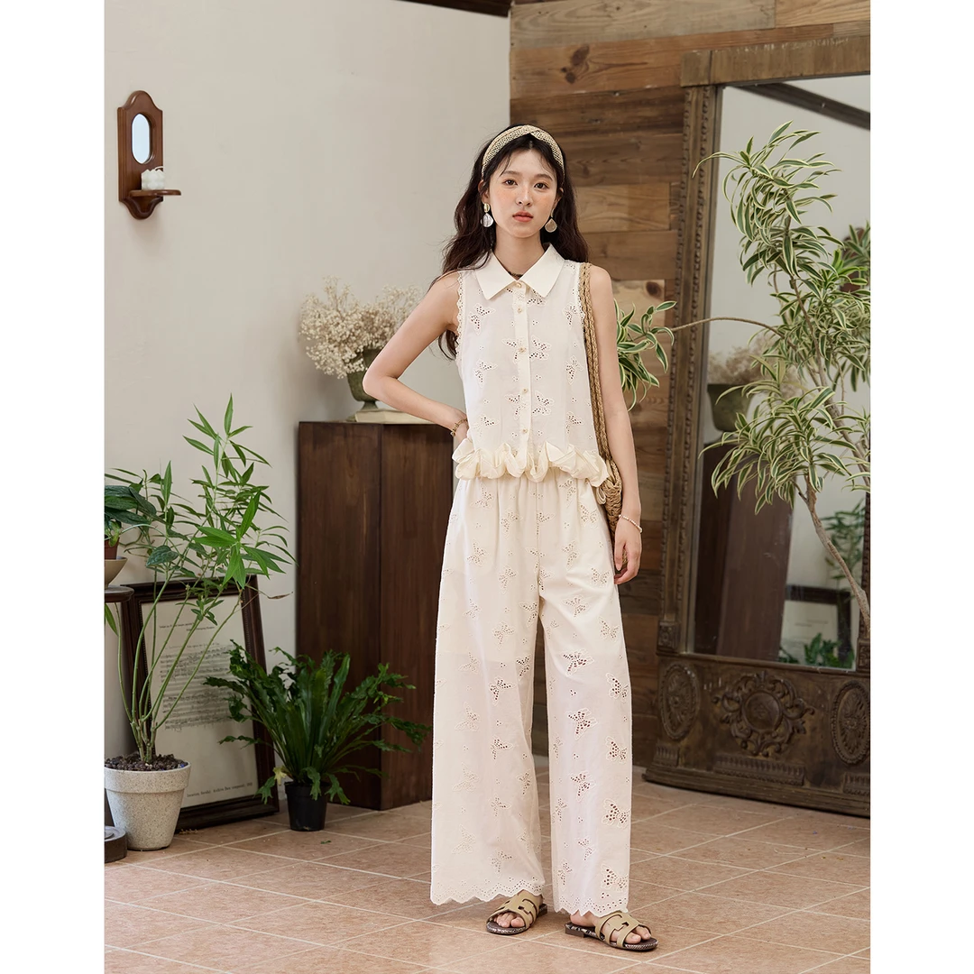 谜秀100棉蝴蝶镂空蕾丝翻领衬衫女+阔腿裤两件套显瘦套装2025夏季