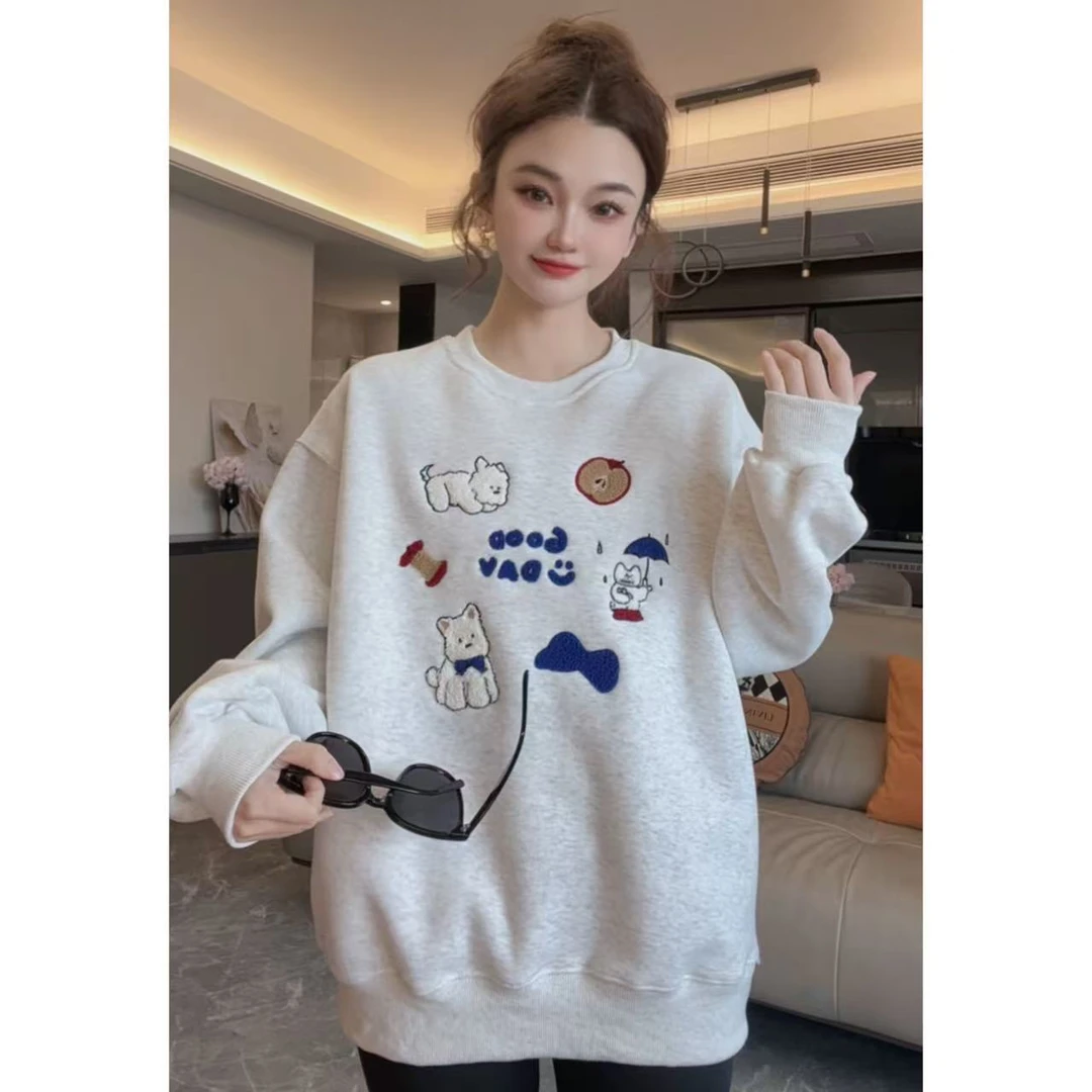 圆领宽松套头毛巾绣卫衣女2025春季新款2014