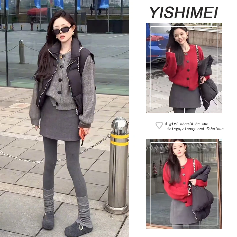 秋冬时尚穿搭2025年新款百搭针织开衫保暖棉服马甲高腰短裙三件套