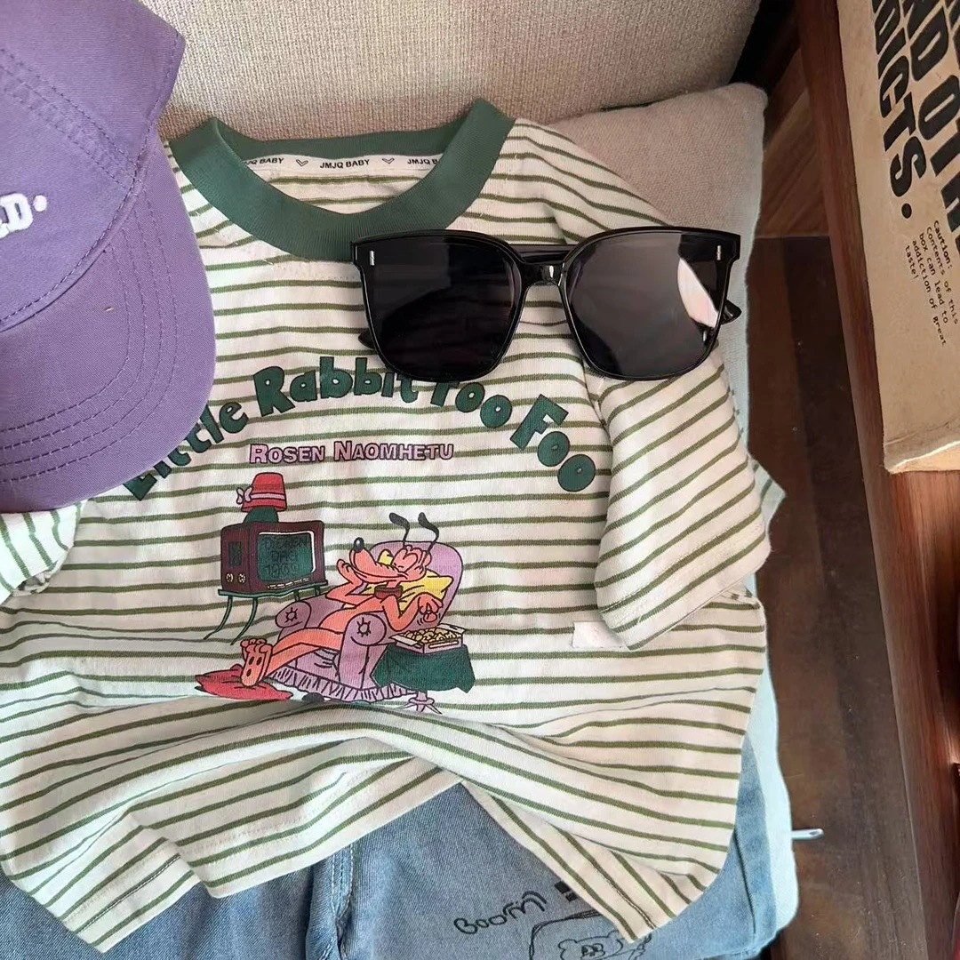 【JMJQ 25197】夏季新款中小童韩版亲肤色织条纹美式印花短袖体恤