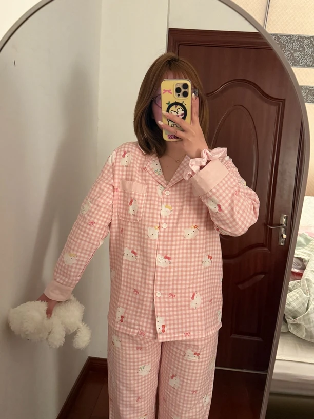 饼妈自留｜全棉双层纱翻领纽扣睡衣家居服透气亲肤长袖长裤套装