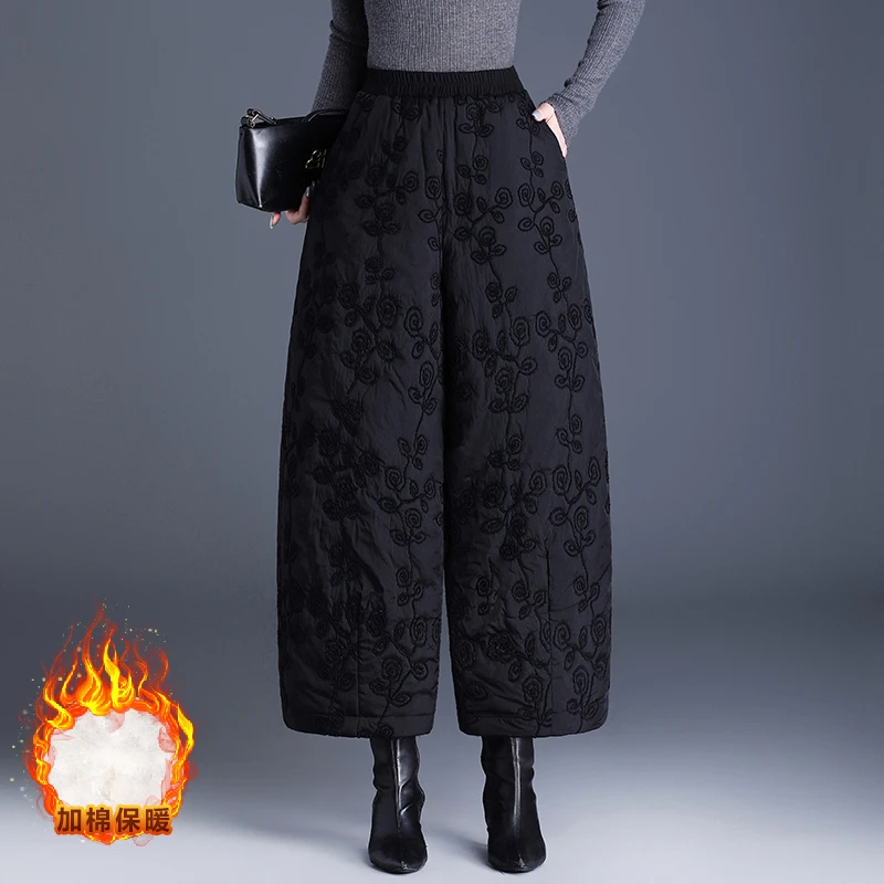 高档刺绣茧型阔腿裤女款夹棉棉裤外穿2025冬新款女士加棉加厚裤子