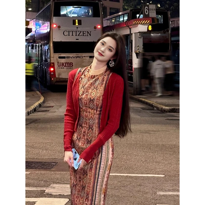 画织新中式红色针织开衫外套女春夏修身长袖外搭毛衣外套女两件套