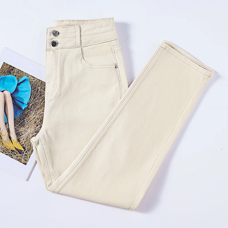 2025新款米白色小直筒牛仔裤休闲高腰显瘦烟管裤百搭