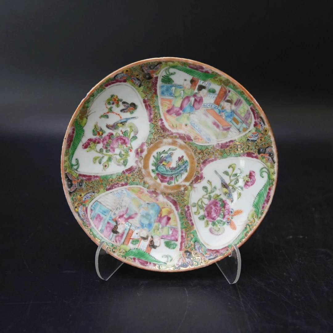 Lot.25120381清光绪广彩开窗人物花鸟纹赏盘 直径：约15.3cm