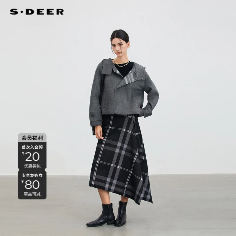 S·DEER圣迪奥【暮隐之境】冬季街头风连帽绵羊毛呢外套S254Z2609