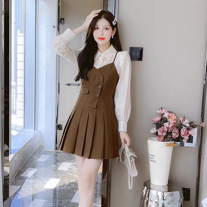 法式连衣裙女春秋吊带拼接假两件衬衫百褶减龄女神范小个子短裙