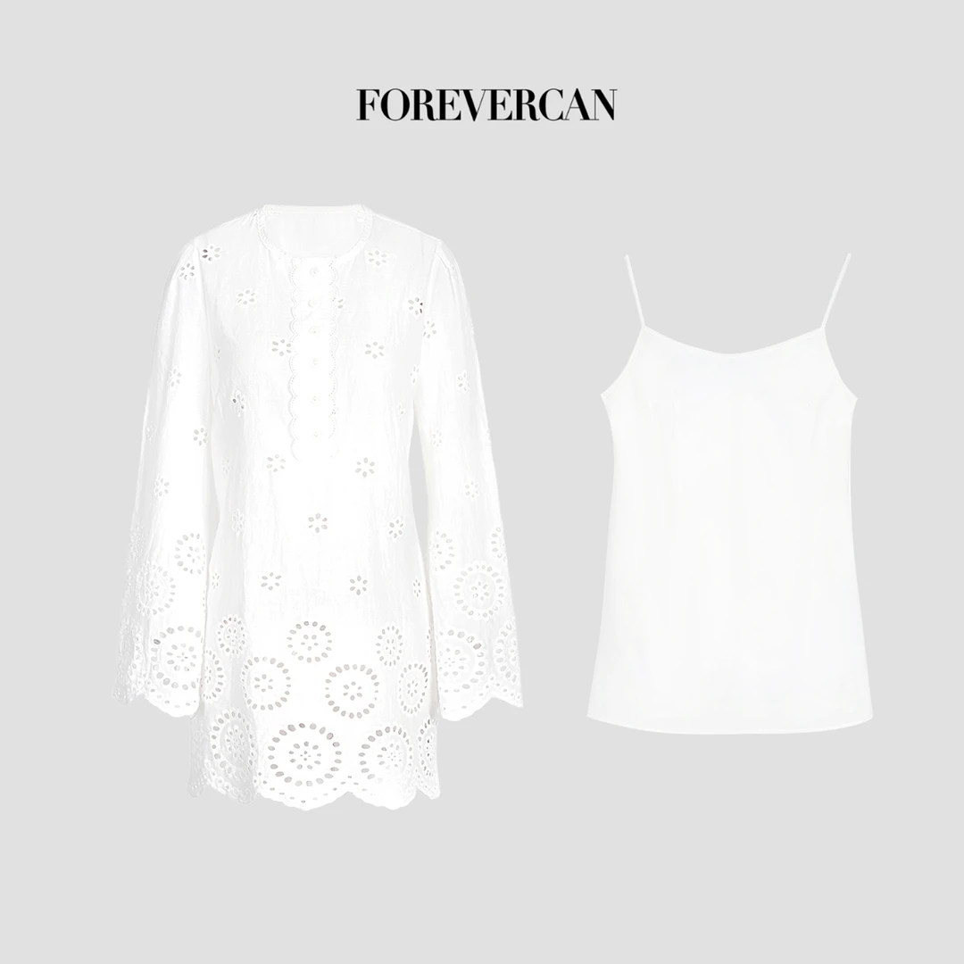 FOREVERCAN“繁花映夏”重工镂空雕孔绣扇贝边连衣裙 ST23578