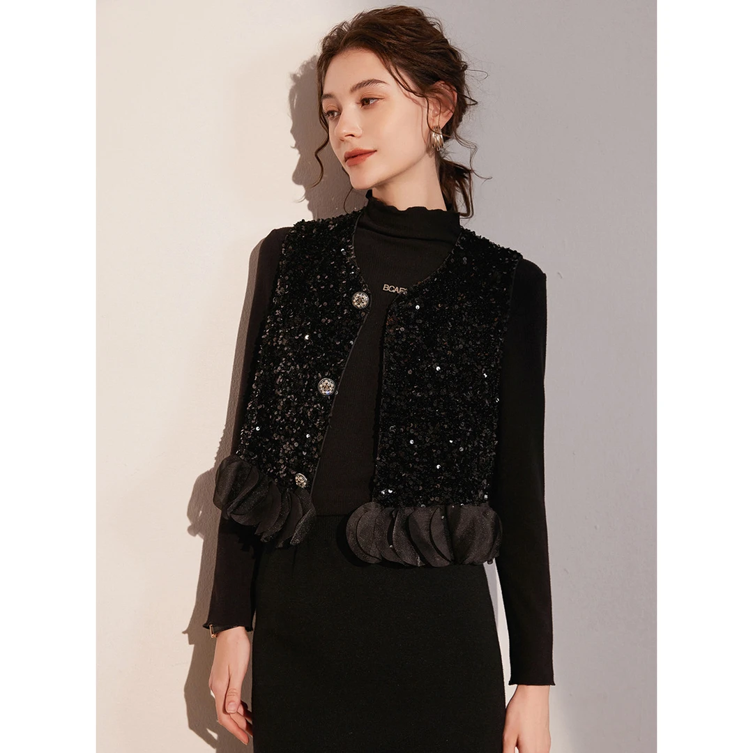 【小呆鸟粉丝专享】&白鹿语小V领花瓣形拼接亮片马甲马夹WBL10124