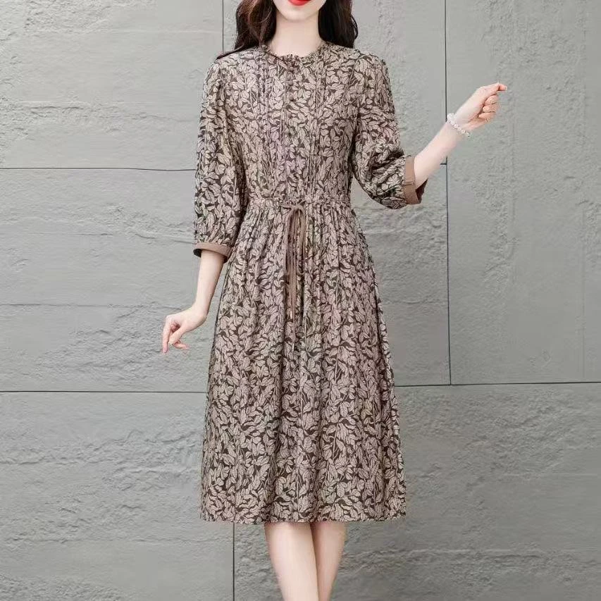 8675-夏季时尚连衣裙高档碎花妈妈显瘦洋气收腰大码裙子【老余】