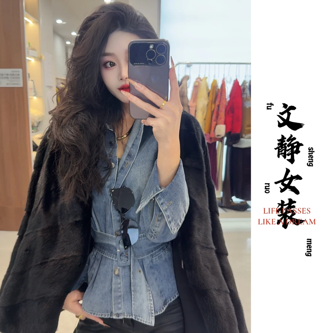 ［文静家］高品质收腰显瘦时尚软牛仔外套衬衣女