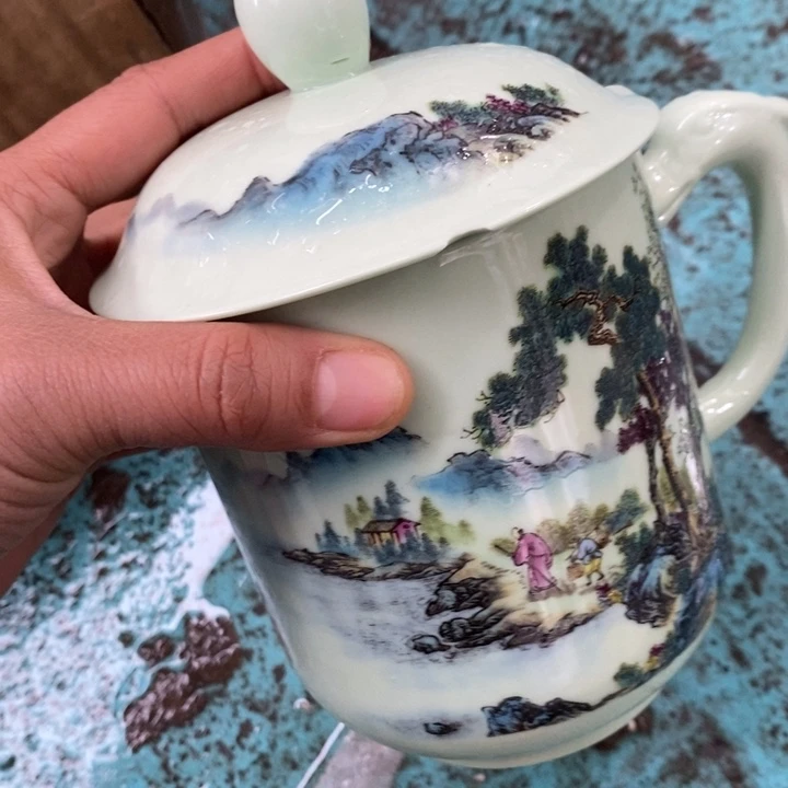 盖碗陶瓷绿稀土粉彩山水破了盖子办公杯